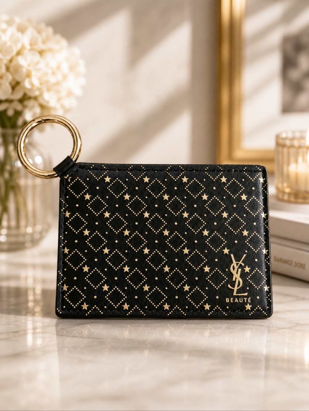 Yves Saint Laurent Black & Gold Star-Print Keychain Travel Mirror NEW